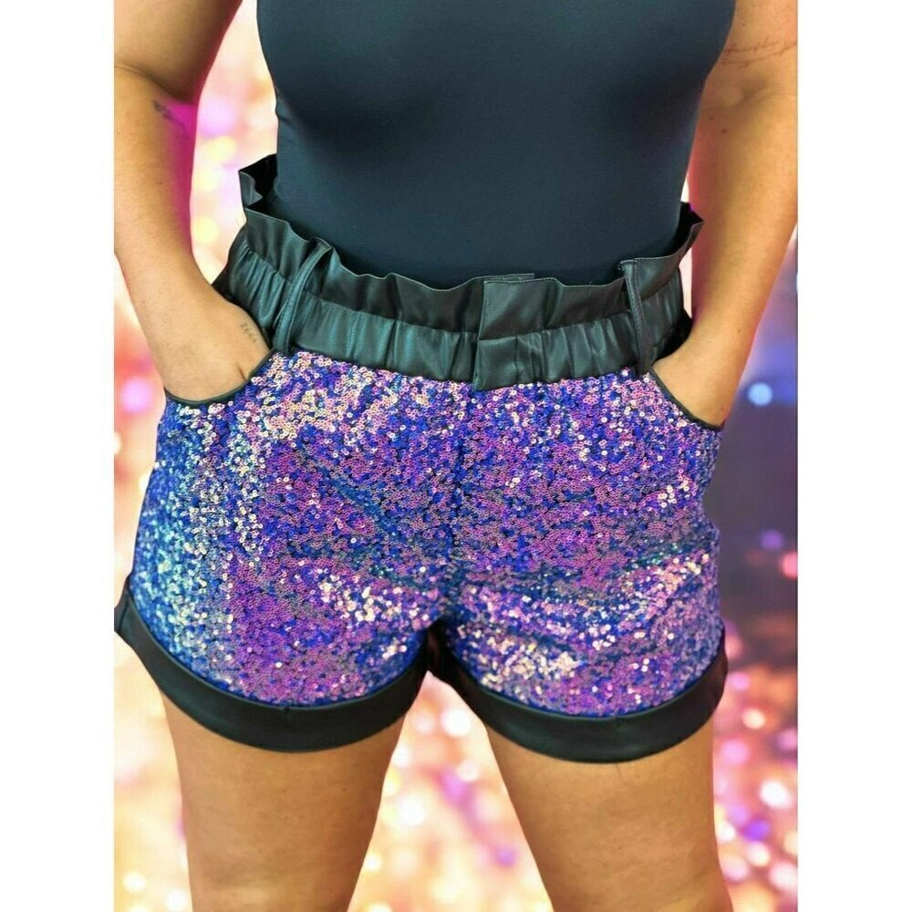 Stole The Show Vegan Leather Sequin Shorts in Black